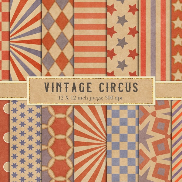 Vintage circus digital paper, retro circus, scrapbook paper, vintage circus, digital paper, sunburst, radial, harlequin, patterns, DOWNLOAD