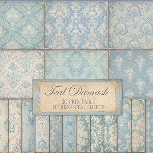 Teal junk journal sheets, junk journal ephemera, teal, aqua, turquoise, damask, vintage wallpaper, background, scrapbook, collage, DOWNLOAD