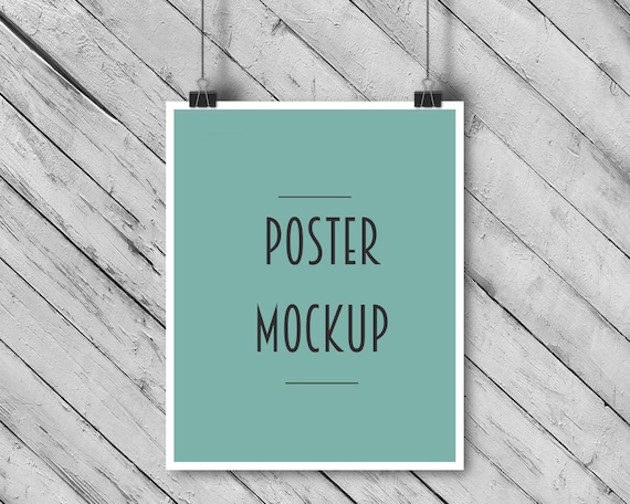 Hanging poster mockup, 8 x 10 inch, 16 x 20 inch, 4 x 5 inch, diagonal wood background, white wood, paper clip, strings, hanging, DOWNLOAD