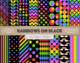 Rainbow digital paper, black and rainbow, scrapbook paper, rainbow patterns, rainbow backgrounds, rainbow, dots, polkadots, stripes, damask