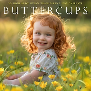 May include: A young girl with red hair sits in a field of yellow buttercups. She is wearing a white dress with a floral pattern. The sun is shining brightly and the girl is smiling.