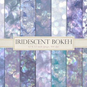 May include: A set of 12 digital paper backgrounds featuring iridescent bokeh in shades of blue, purple, and white. Each background is 12 x 12 inches and 300 dpi.