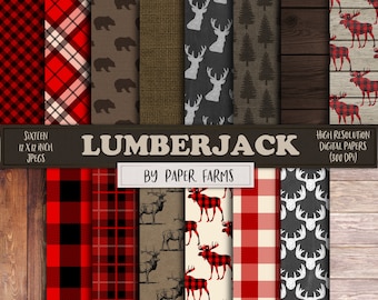 Lumberjack digital paper, lumberjack scrapbook paper, rustic digital paper, deer, forest, plaid, gingham, buffalo, wood, instant download