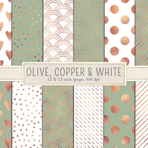 May include: Set of 12 digital paper patterns in olive green, white, and copper foil. The patterns include hearts, polka dots, waves, stripes, and more. Each pattern is 12 x 12 inches and 300 dpi.