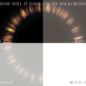 May include: A graphic showing how a golden light effect will look on different backgrounds. The backgrounds are black, mid-tone, off-white, and pure white. The text "HOW WILL IT LOOK ON MY BACKGROUND?" is at the top of the image.