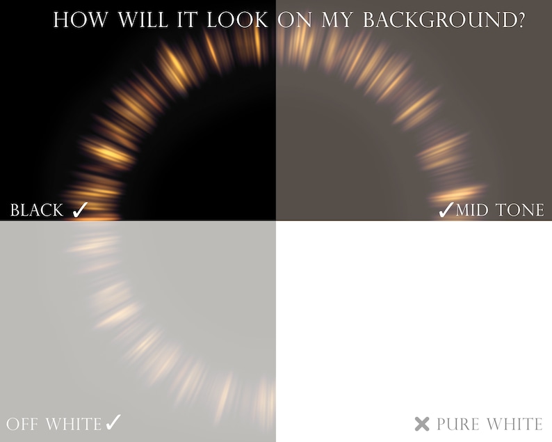 May include: A graphic showing how a golden light effect will look on different backgrounds. The backgrounds are black, mid-tone, off-white, and pure white. The text "HOW WILL IT LOOK ON MY BACKGROUND?" is at the top of the image.