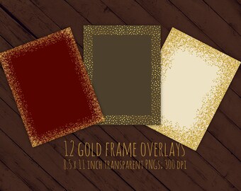 Gouden glitterframes, overlays, 8,5 x 11 inch, kerstframes, gouden confettiframes, gouden glitterranden, digitale frames, folie, DOWNLOAD