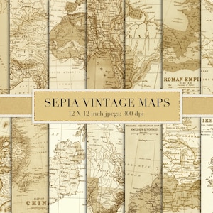 Sepia Vintage Karten, digitales Papier, Scrapbook Papier, Karten, Vintage, alt, Antik, braun, neutral, Sepia, digitales Papier, Weltkarten, DOWNLOAD