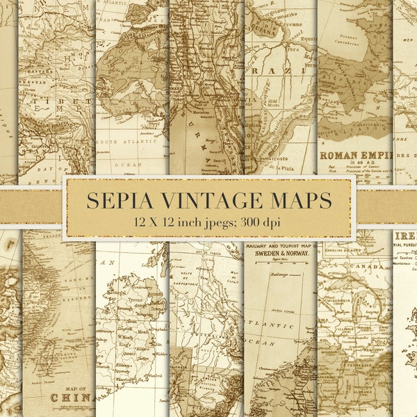 Sepia vintage maps, digital paper, scrapbook paper, maps, vintage, old, antique, brown, neutral, sepia, digital paper, world maps, DOWNLOAD