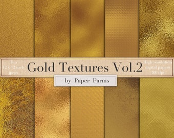 May include: Ten 12x12 inch digital paper textures in gold tones.  Gold Textures Vol.2 by Paper Farms. High resolution digital papers, 300 dpi.