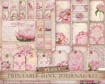 Peony junk journal, peony digital paper, pink flowers, floral, junk journal kit, collage sheets, scrapbook paper, printable, tags, DOWNLOAD