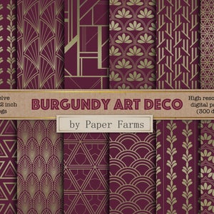 Art Deco digital paper, Art Deco scrapbook paper, Art Deco patterns, red Art Deco, Burgundy Art Deco, shells, triangles, 1920&#39;s, DOWNLOAD