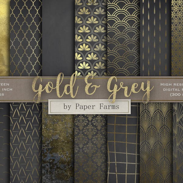Gold patterns, digital paper, scrapbook paper, distressed, gold, gray, grey, patterns, backgrounds, Art Deco, quatrefoil, raindrops, damask