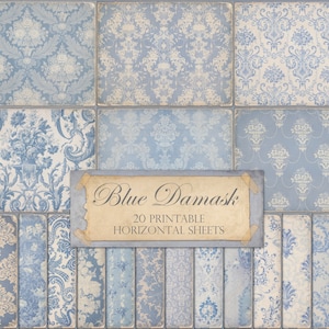 Vintage blaue Damast, Collage Blätter, Ephemera, horizontal, digitales Papier, Scrapbook Papier, Junk Journal, blaue Tapete, shabby, DOWNLOAD