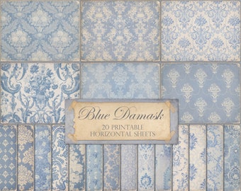 Vintage blue damask, collage sheets, ephemera, horizontal, digital paper, scrapbook paper, junk journal, blue wallpaper, shabby, DOWNLOAD