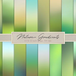 Puede incluir: Un conjunto de 12 fondos de papel digital con degradados inspirados en la naturaleza en tonos de verde, azul y amarillo. Los papeles miden 30,5 x 30,5 cm y 300 dpi.