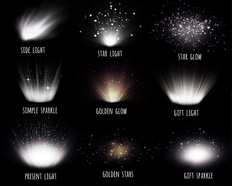 May include: Nine different light effects, including side light, star light, star glow, simple sparkle, golden glow, gift light, present light, golden stars, and gift sparkle. Each effect is shown on a black background.