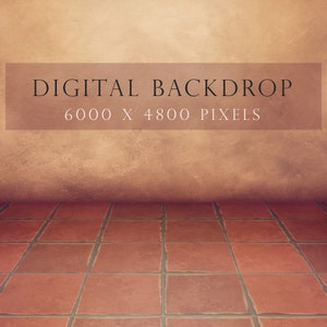 Puede incluir: Un telón de fondo digital con una pared texturizada de color marrón claro y un suelo de baldosas. El texto "DIGITAL BACKDROP 6000 X 4800 PIXELS" se muestra en la pared.