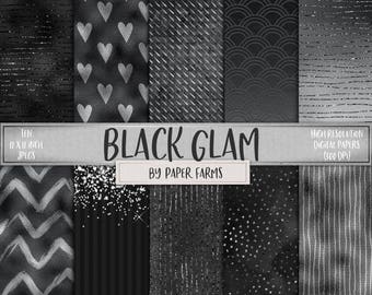 Papeles digitales negros, papel de libro de recortes, glamour negro, brillo negro, patrones negros, fondos negros, gris, brillo, corazones, DESCARGAR