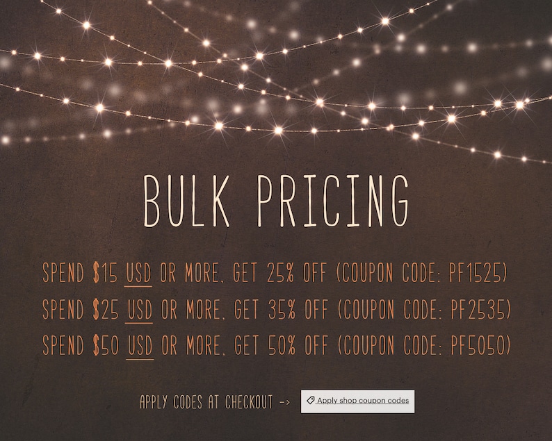 Puede incluir: Un gr&aacute;fico con fondo marr&oacute;n y texto blanco que dice "BULK PRICING". El texto de abajo enumera descuentos por gastar $ 15, $ 25 y $ 50 USD o m&aacute;s, con c&oacute;digos de cup&oacute;n correspondientes.
