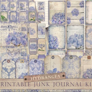 Kit de journal indésirable hortensia, feuilles de collage, papier numérique, violet, bleu, fleurs, floral, journal indésirable, étiquettes, timbres, cartes postales, TÉLÉCHARGEMENT
