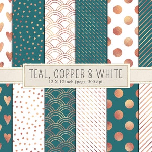 May include: Twelve digital paper patterns in teal, white, and copper featuring geometric shapes, polka dots, and hearts. The patterns are 12 x 12 inches and 300 dpi.