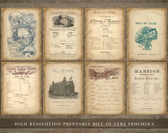 Printable restaurant éphémère, junk journal, facture de tarif, menus, menus vintage, anciens menus, ressources de journal de pacotille, éphémère, kit, TÉLÉCHARGER