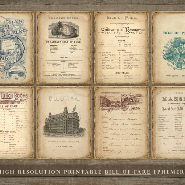 Printable restaurant ephemera, junk journal, bill of fare, menus, vintage menus, old menus, junk journal resources, ephemera, kit, DOWNLOAD