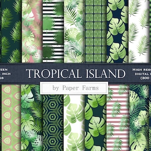 Tropical digital paper, tropical leaves digital paper, watercolor leaves, tropical leaves, scrapbook paper, patterns, pink, green, navy