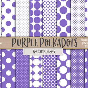 K&ouml;nnte beinhalten: Sechzehn digitale Papiere mit lilafarbenen Punkten auf wei&szlig;em Hintergrund. Die Papiere sind 30,48 cm x 30,48 cm gro&szlig; und haben eine Aufl&ouml;sung von 300 DPI. Der Text "PURPLE POLKADOTS" und "BY PAPER FARMS" ist im Bild enthalten.