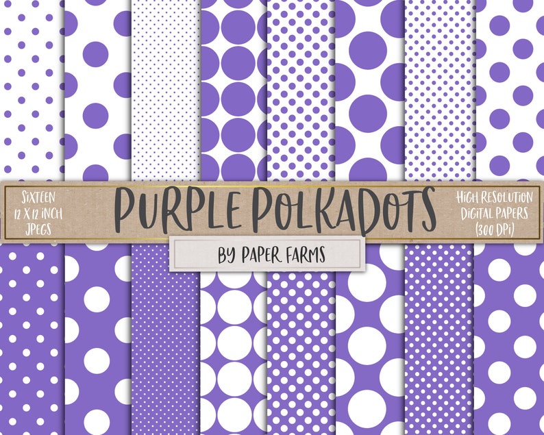 K&ouml;nnte beinhalten: Sechzehn digitale Papiere mit lilafarbenen Punkten auf wei&szlig;em Hintergrund. Die Papiere sind 30,48 cm x 30,48 cm gro&szlig; und haben eine Aufl&ouml;sung von 300 DPI. Der Text "PURPLE POLKADOTS" und "BY PAPER FARMS" ist im Bild enthalten.