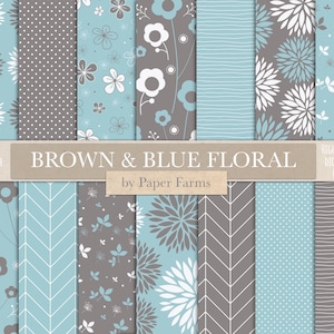 Marrom e azul, papel digital, papel para scrapbook, primavera, verão, flores, padrões, divisa, pontos, marrom, azul, azul-petróleo, planos de fundo, DOWNLOAD