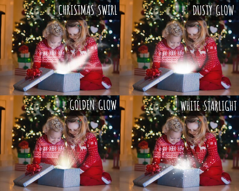 May include: Two children in red and white pajamas open a gift box with a magical glow emanating from inside. The box is on a wooden floor in front of a decorated Christmas tree.