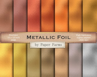 May include: Fourteen 12x12 inch digital papers featuring metallic foil textures in various shades of gold, copper, and silver.  METALLIC FOIL by Paper Farms. High resolution digital papers (300 dpi).