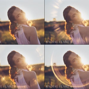 May include: A woman with long brown hair smiles at the camera while standing in a field. The sun is behind her, creating a bright light. The image shows four different versions of the same photo, with different radial flare effects applied. The first image is the original, the second image has a radial flare effect with a starburst pattern, the third image has a radial flare effect with a circular pattern, and the fourth image has a radial flare effect with a ring pattern.