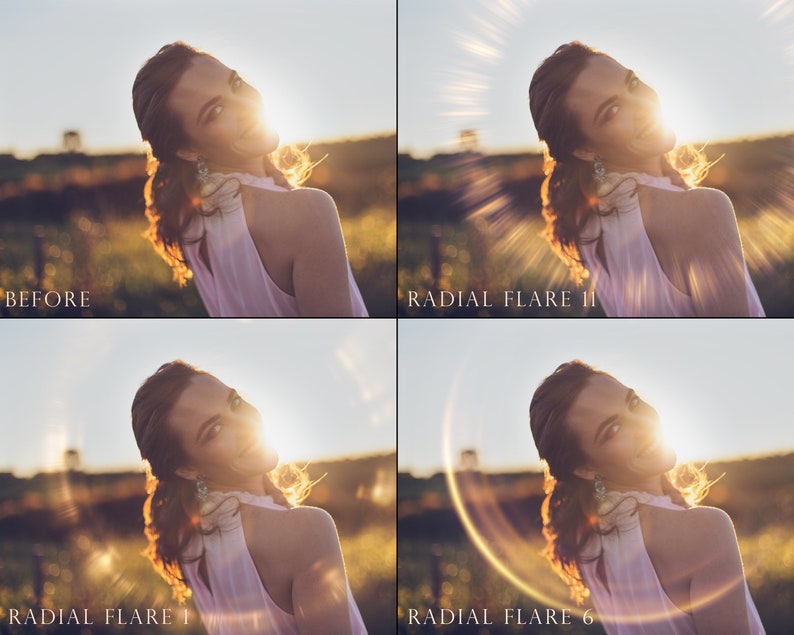 May include: A woman with long brown hair smiles at the camera while standing in a field. The sun is behind her, creating a bright light. The image shows four different versions of the same photo, with different radial flare effects applied. The first image is the original, the second image has a radial flare effect with a starburst pattern, the third image has a radial flare effect with a circular pattern, and the fourth image has a radial flare effect with a ring pattern.