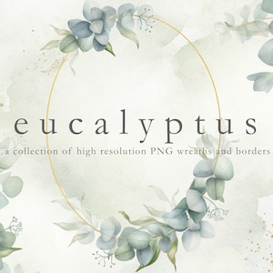 Könnte beinhalten: Eine Aquarell-Illustration von Eukalyptusblättern und -zweigen, die in Form eines Kranzes angeordnet sind, mit einem goldenen Kreis in der Mitte. Der Text "eucalyptus" ist in der Mitte des Kreises geschrieben. Der Text "a collection of high resolution PNG wreaths and borders" ist unter dem Kreis geschrieben.