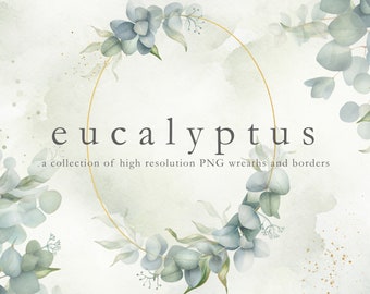 May include: A watercolor illustration of eucalyptus leaves and branches arranged in a wreath shape with a gold circle in the center. The text "eucalyptus" is written in the center of the circle. The text "a collection of high resolution PNG wreaths and borders" is written below the circle.