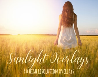 May include: A woman in a white dress walks through a field of tall grass with the sun shining behind her. The text "Sunlight Overlays" and "60 High Resolution Overlays" is at the bottom of the image.