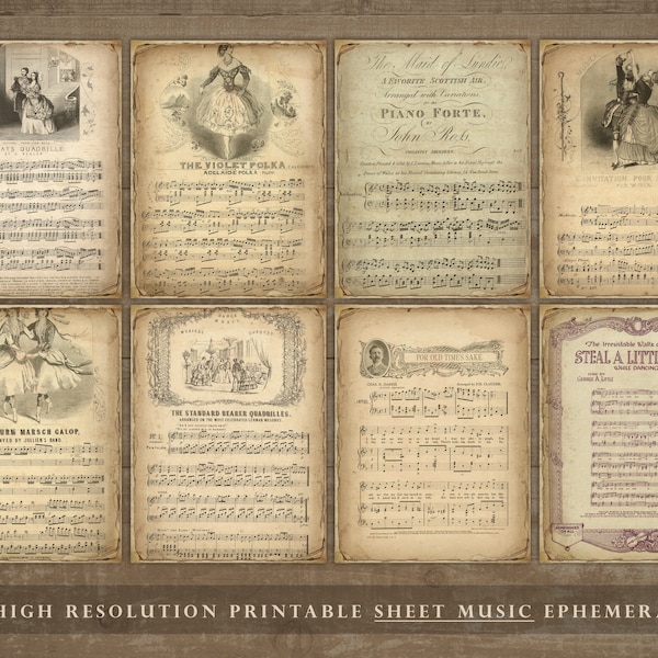 Vintage sheet music, printable ephemera, junk journal, vintage journal, printable sheets, ATC cards, songs, music sheets, musical, DOWNLOAD