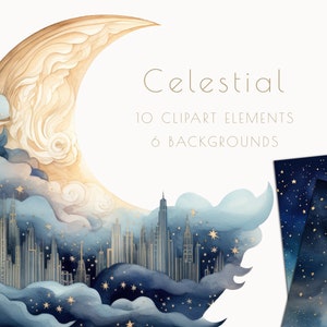Imágenes prediseñadas celestiales, imágenes prediseñadas de luna, imágenes prediseñadas de fantasía, cielo nocturno, estrellas doradas, arte de papel, collage, oro, acuarela, metálico, ciudad, DESCARGAR