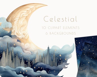 Celestial clipart, moon clipart, fantasy clipart, night sky, gold stars, paper craft, collage, gold, watercolor, metallic, city, DOWNLOAD