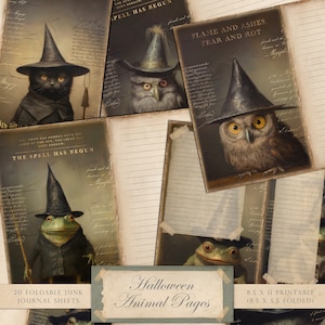 Peut inclure: 20 pages de journal imprimables d'Halloween avec des illustrations d'un chat noir, d'un hibou, d'une grenouille et d'un crapaud portant des chapeaux de sorcière. Les pages mesurent 21,6 cm sur 27,9 cm et se plient à 21,6 cm sur 14 cm. Le texte "The moon has awoken with the sleep of the sun, the light has been broken. The spell has begun." est inclus sur l'une des pages.