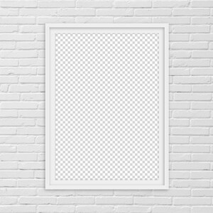 May include: A white picture frame with a white mat hanging on a white brick wall.