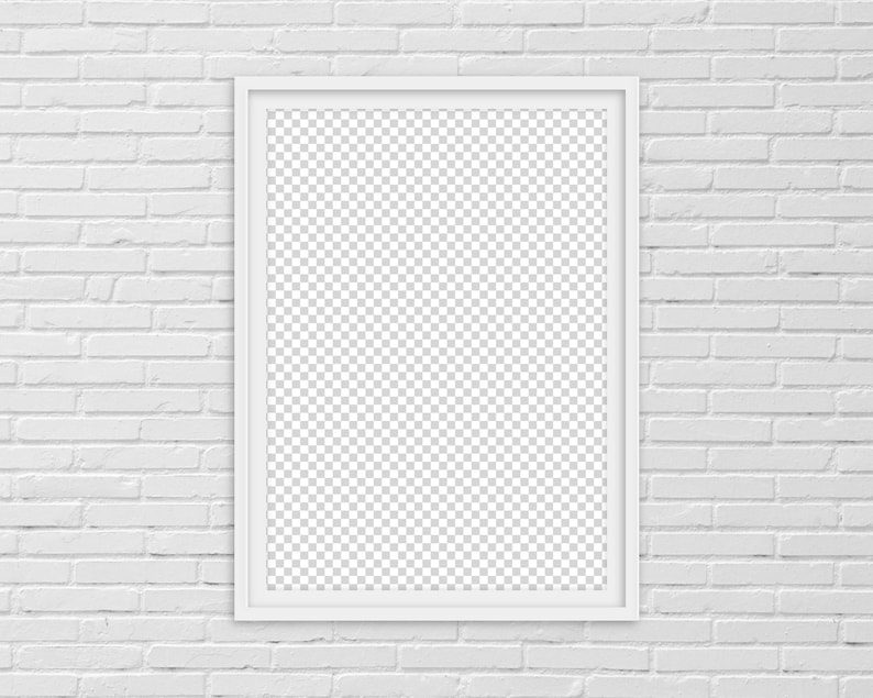 May include: A white picture frame with a white mat hanging on a white brick wall.