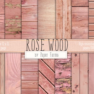 Puede incluir: Catorce texturas de papel digital de 12 x 12 pulgadas con varios patrones de veta de madera rosa. ROSE WOOD de Paper Farms.