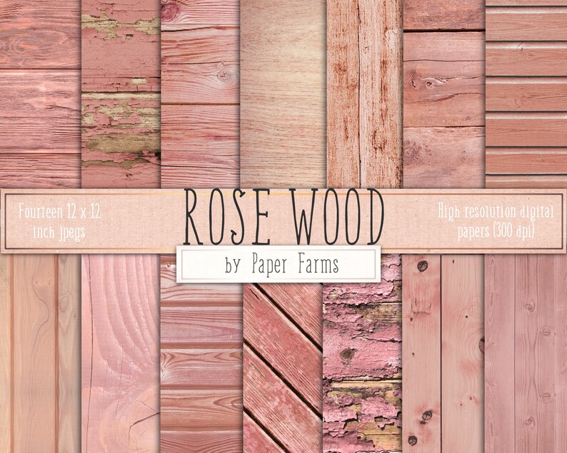 Puede incluir: Catorce texturas de papel digital de 12 x 12 pulgadas con varios patrones de veta de madera rosa. ROSE WOOD de Paper Farms.