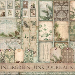 Wintergreen junk journal kit, printable junk journal kit, winter greenery, ivy, acorn, autumn, foliage, collage sheets, damask, DOWNLOAD