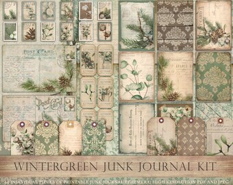 Wintergreen junk journal kit, printable junk journal kit, winter greenery, ivy, acorn, autumn, foliage, collage sheets, damask, DOWNLOAD