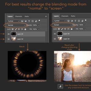 May include: A screenshot of a computer screen showing a tutorial on how to use the "screen" blending mode in Adobe Photoshop. The image shows two layers, one with a glowing circle and the other with a photo of a woman standing on a beach. The tutorial explains that changing the blending mode from "normal" to "screen" can create a more realistic effect.